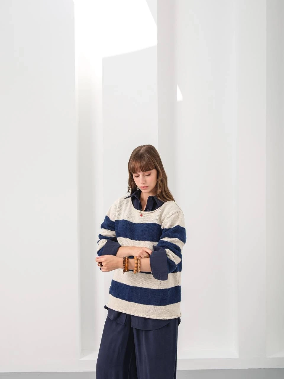 Lacivert Çizgili Pamuk Triko Kazak