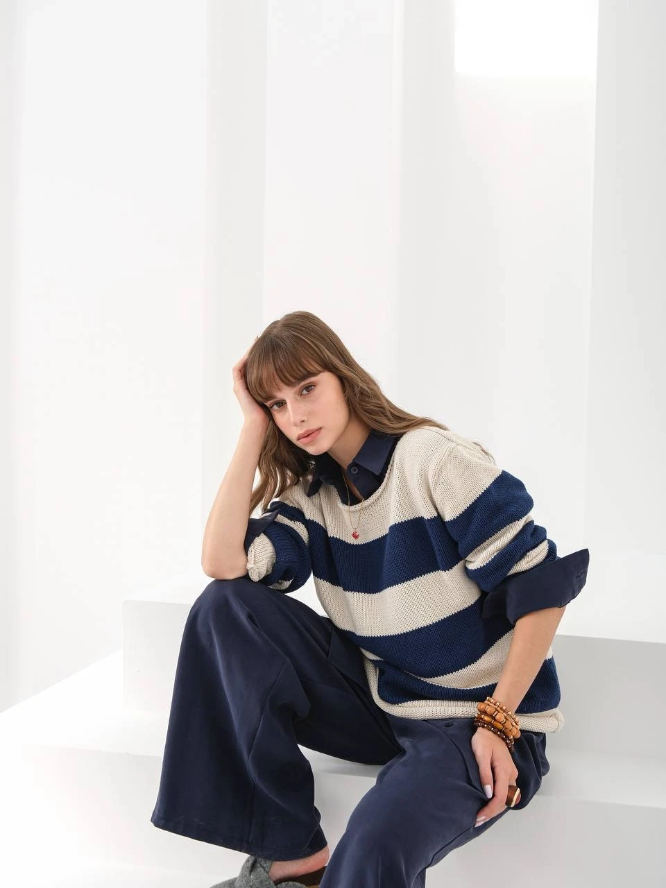 Lacivert Çizgili Pamuk Triko Kazak