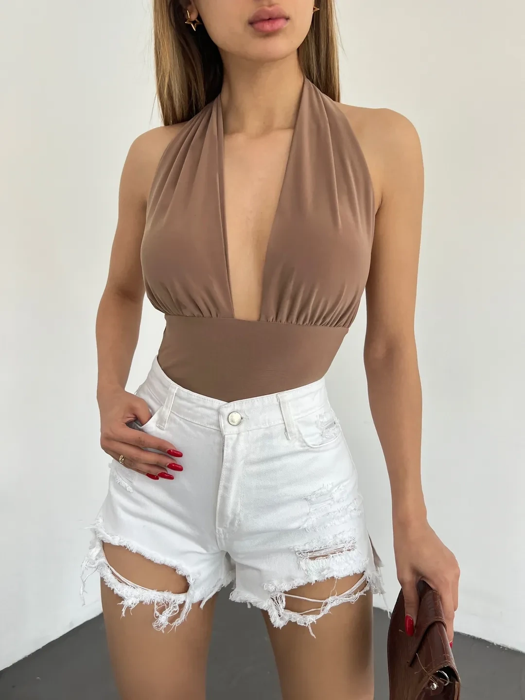 Lazer Yırtıklı Mini Denim Şort Beyaz