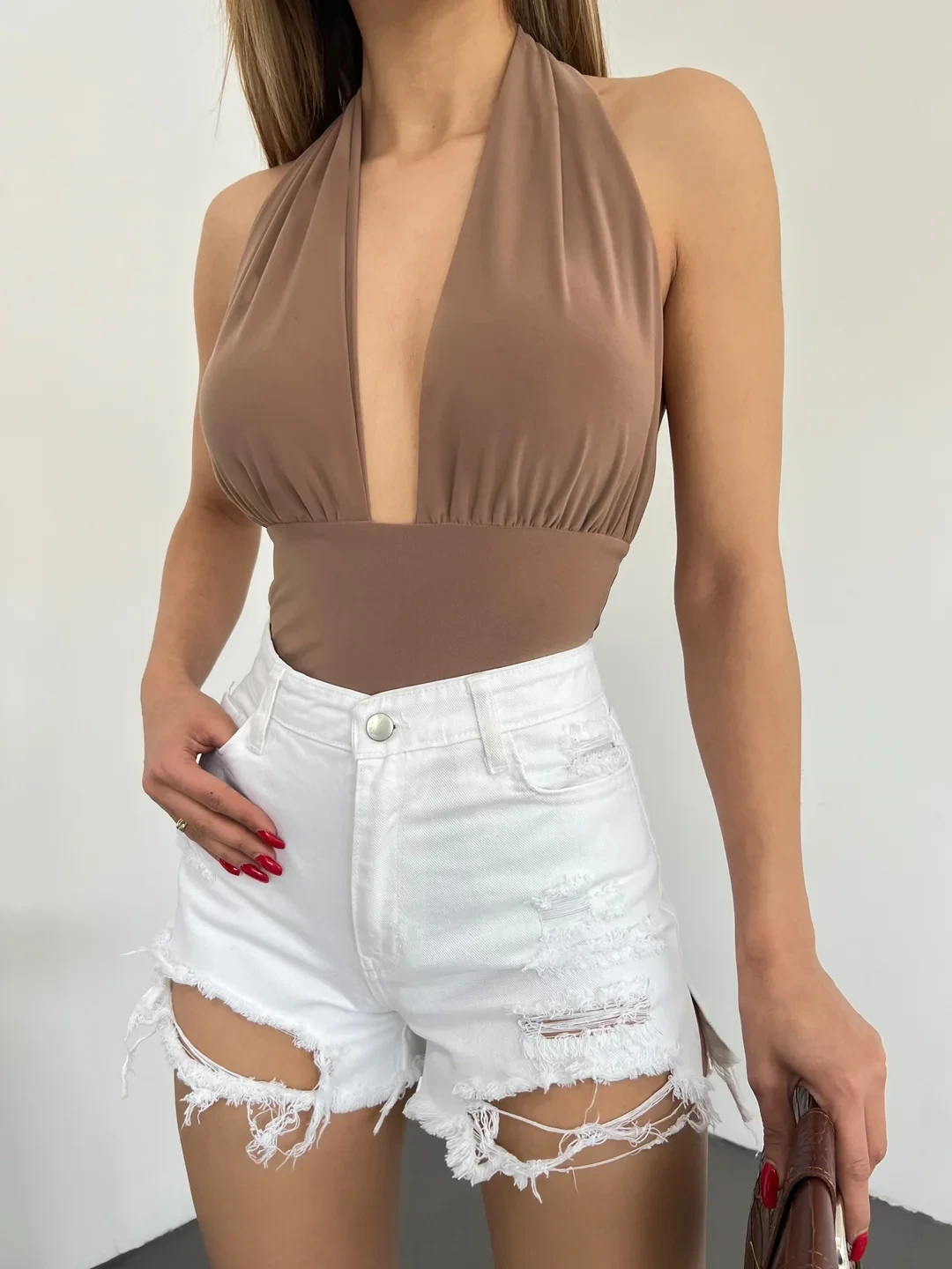 Lazer Yırtıklı Mini Denim Şort Beyaz