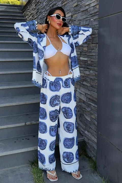 Mavi Desenli Salaş Saten Takım