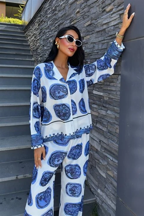 Mavi Desenli Salaş Saten Takım