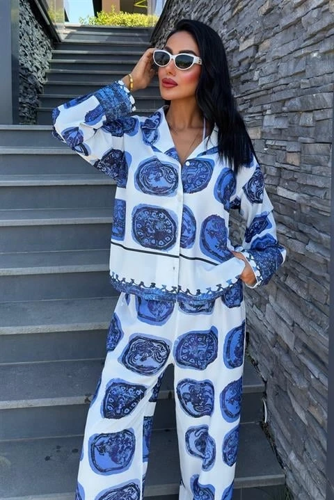 Mavi Desenli Salaş Saten Takım