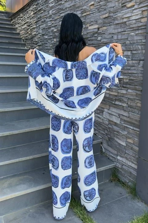 Mavi Desenli Salaş Saten Takım