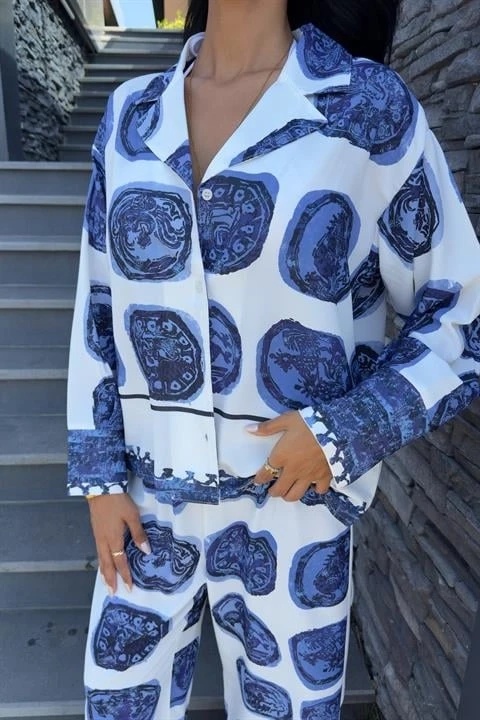 Mavi Desenli Salaş Saten Takım