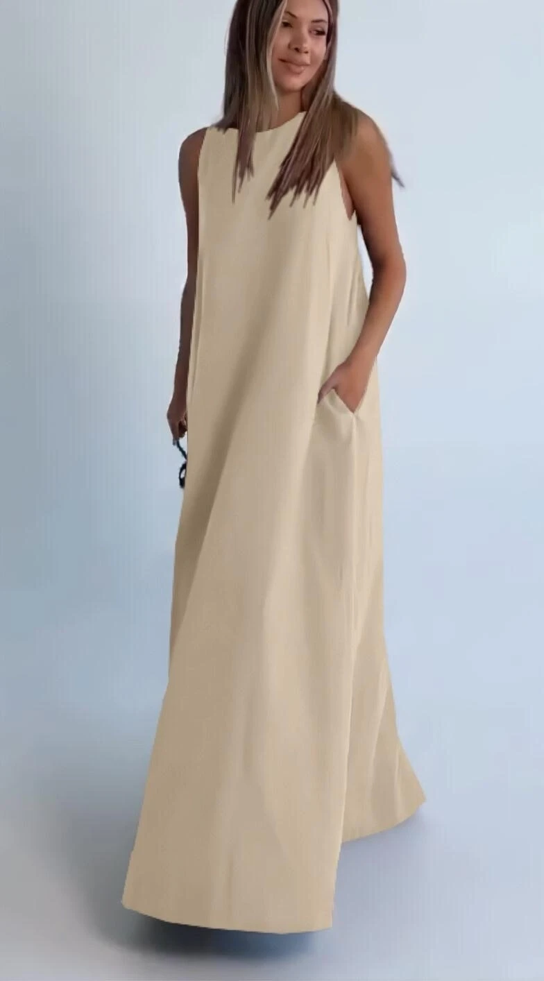Modal Kumaş Cepli Elbise Bej