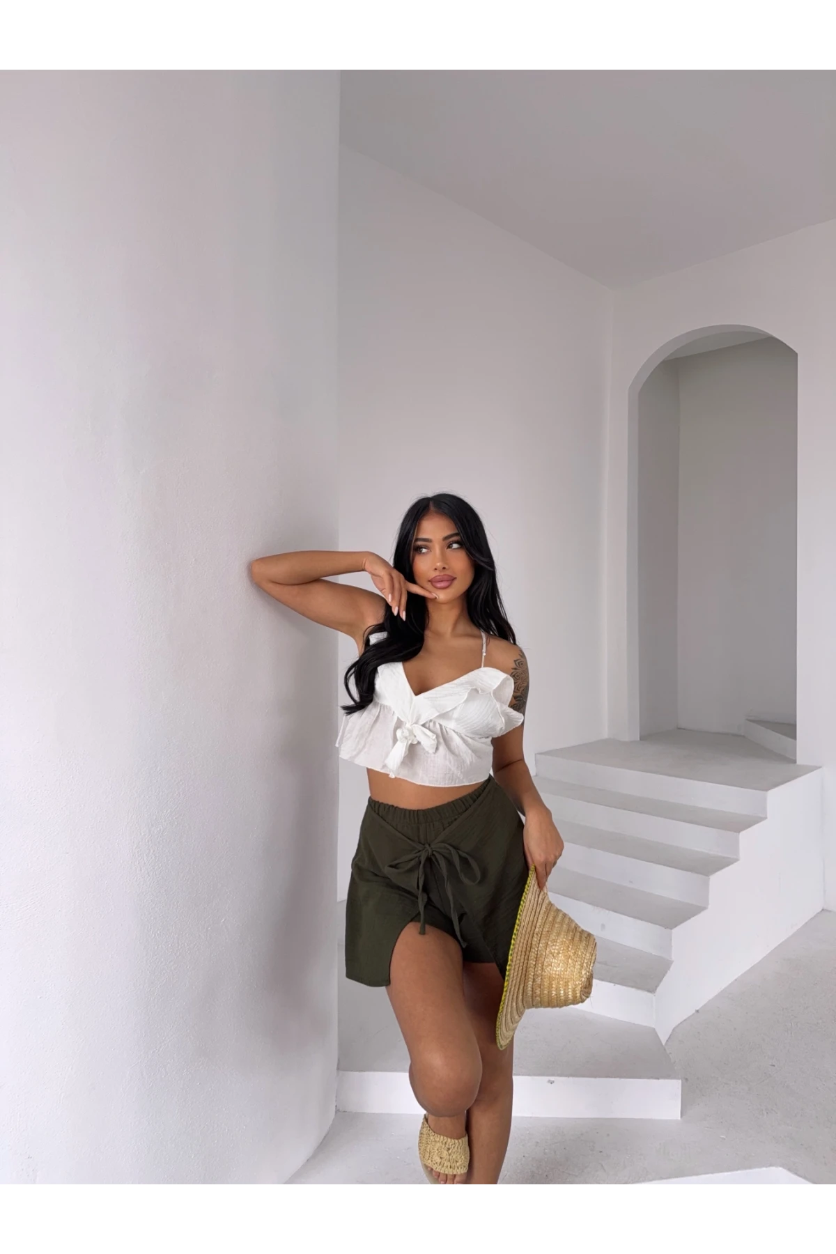 Müslin Keten Bağlama Detay Şort Haki