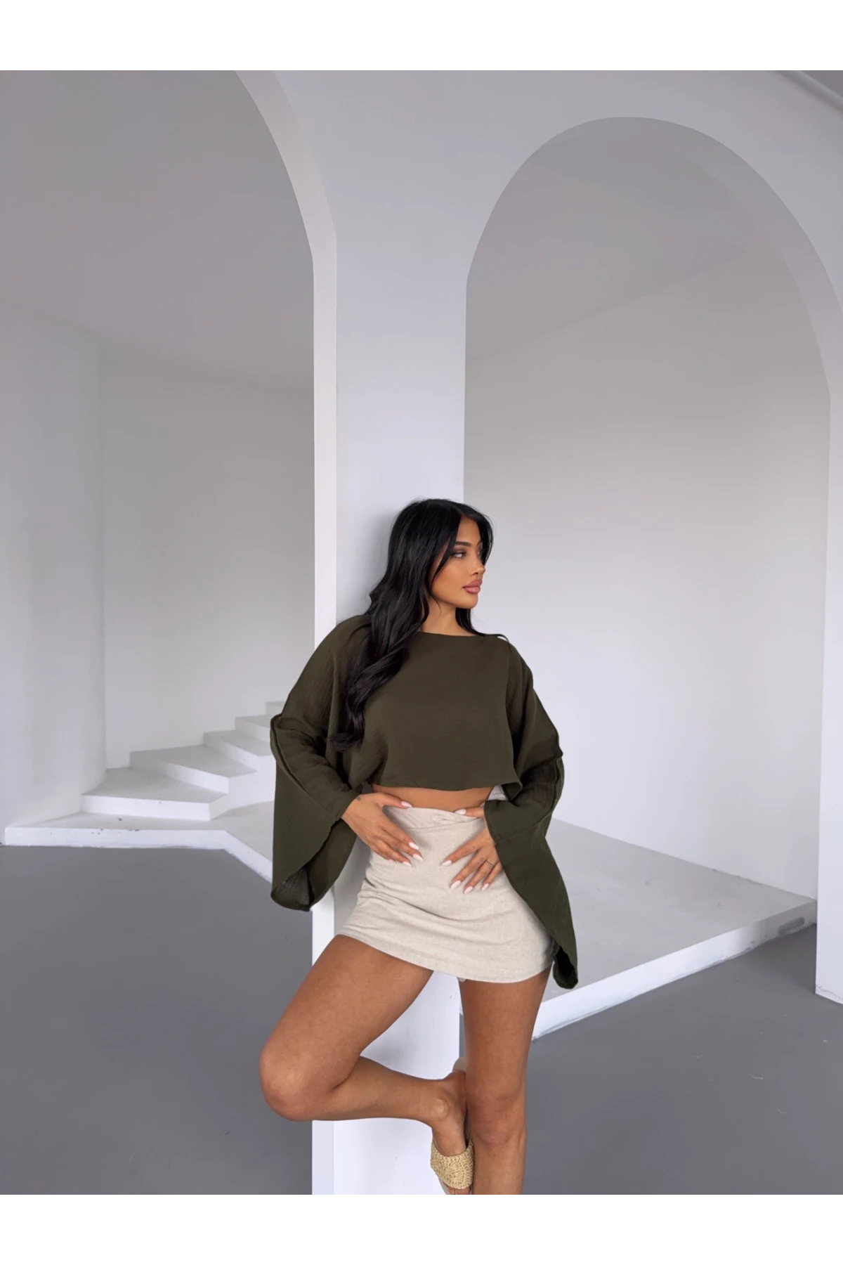 Müslin Keten Bluz Haki