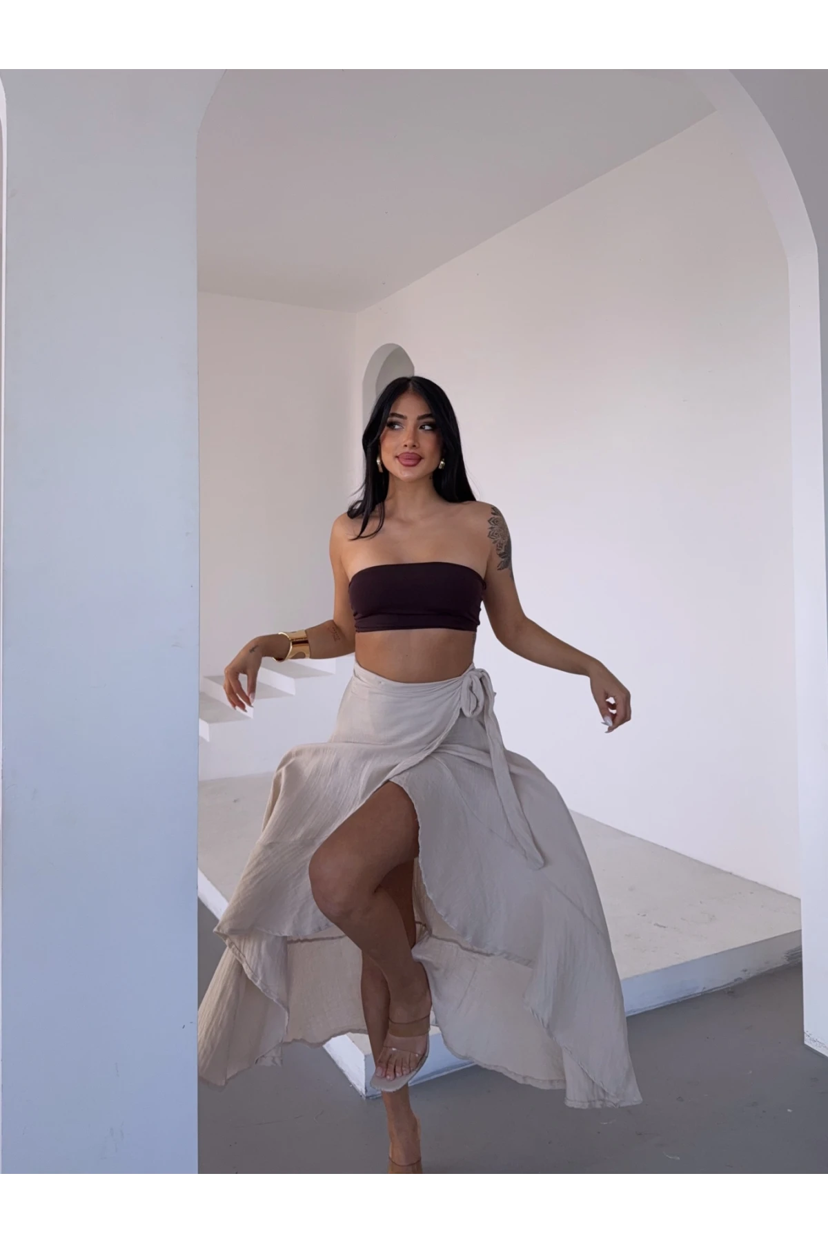 Müslin Kumaş Asimetrik Etek Bej