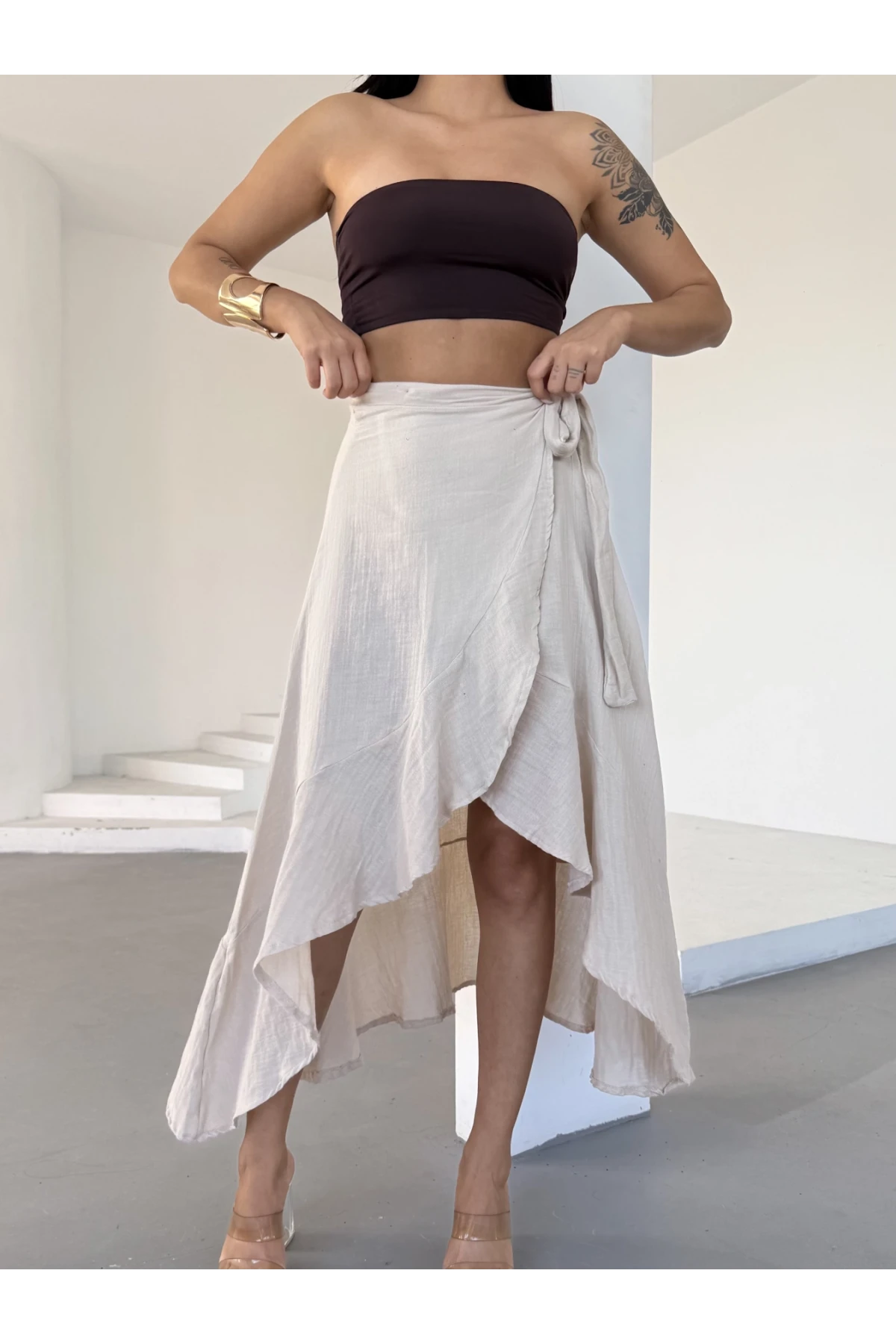 Müslin Kumaş Asimetrik Etek Bej