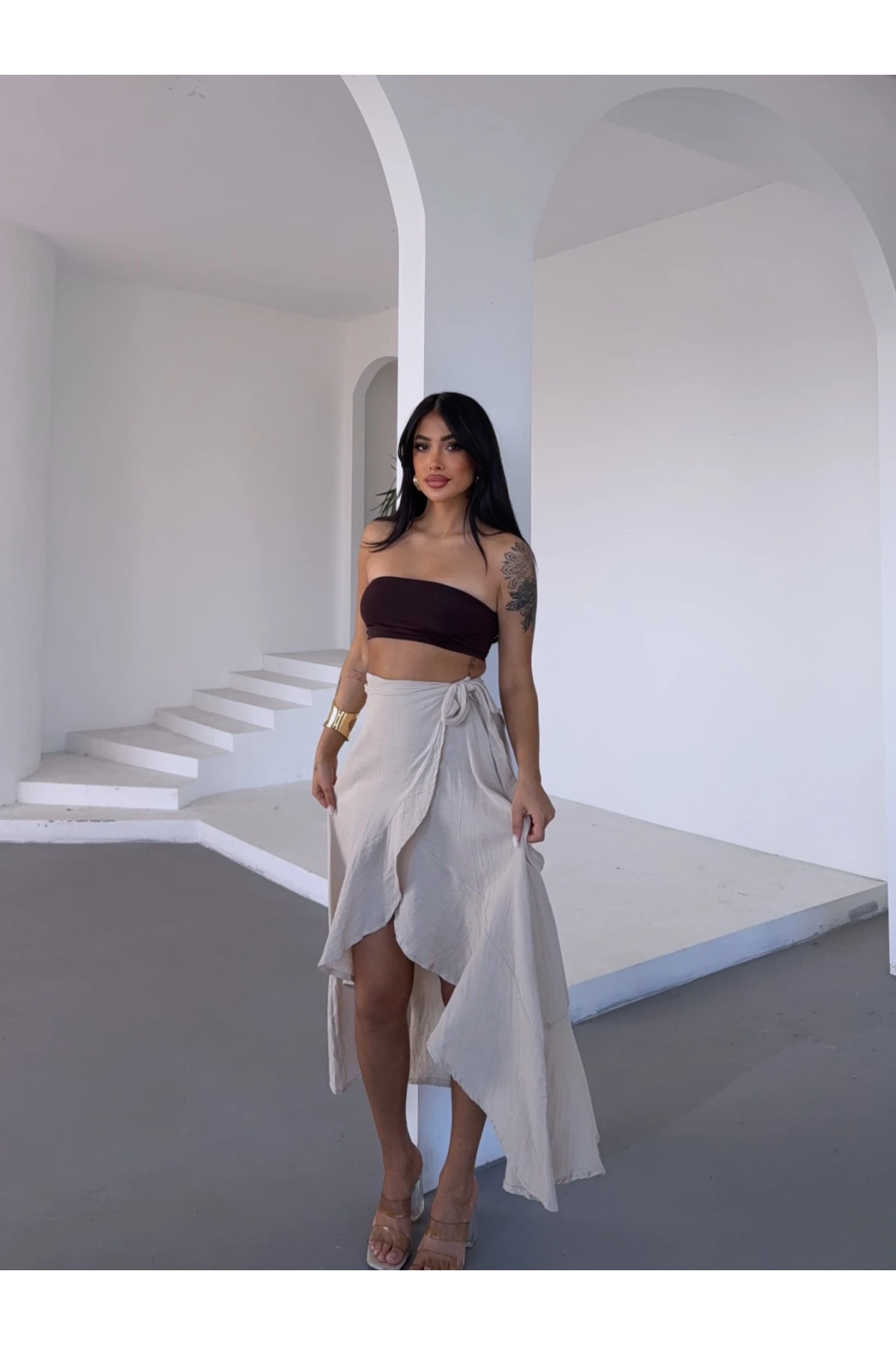 Müslin Kumaş Asimetrik Etek Bej
