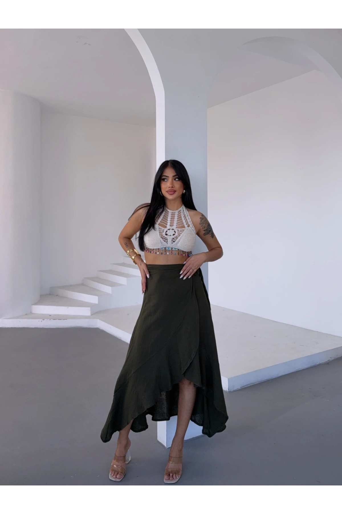 Müslin Kumaş Asimetrik Etek Haki