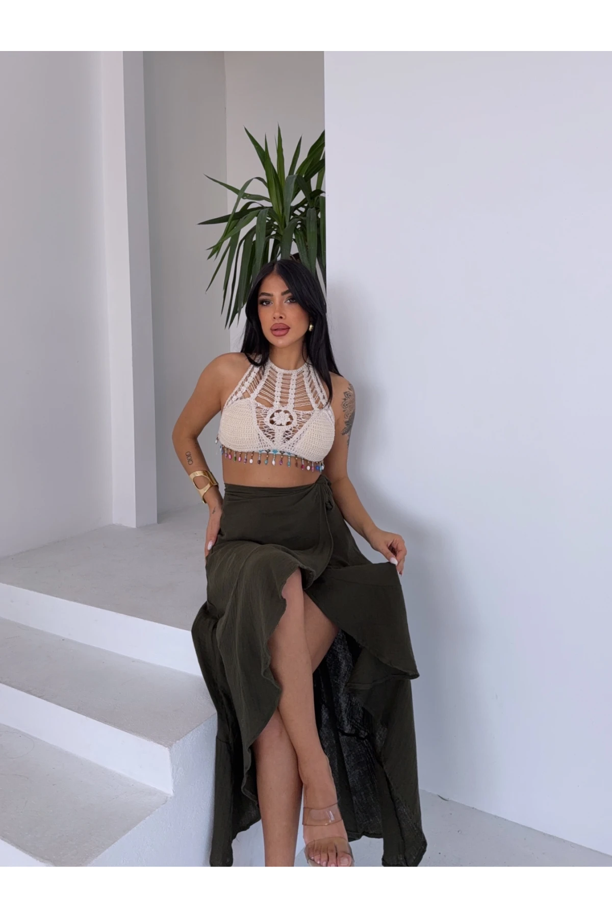Müslin Kumaş Asimetrik Etek Haki