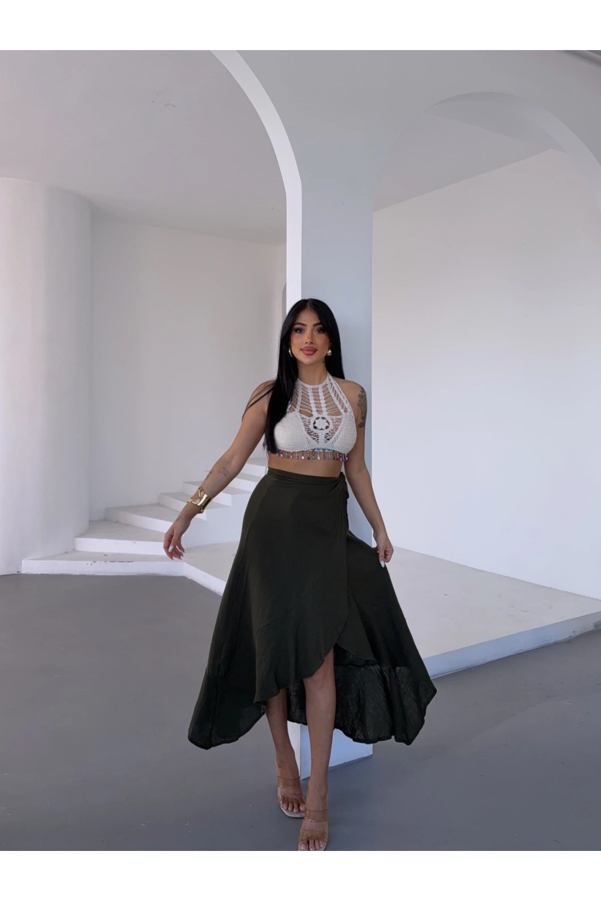 Müslin Kumaş Asimetrik Etek Haki