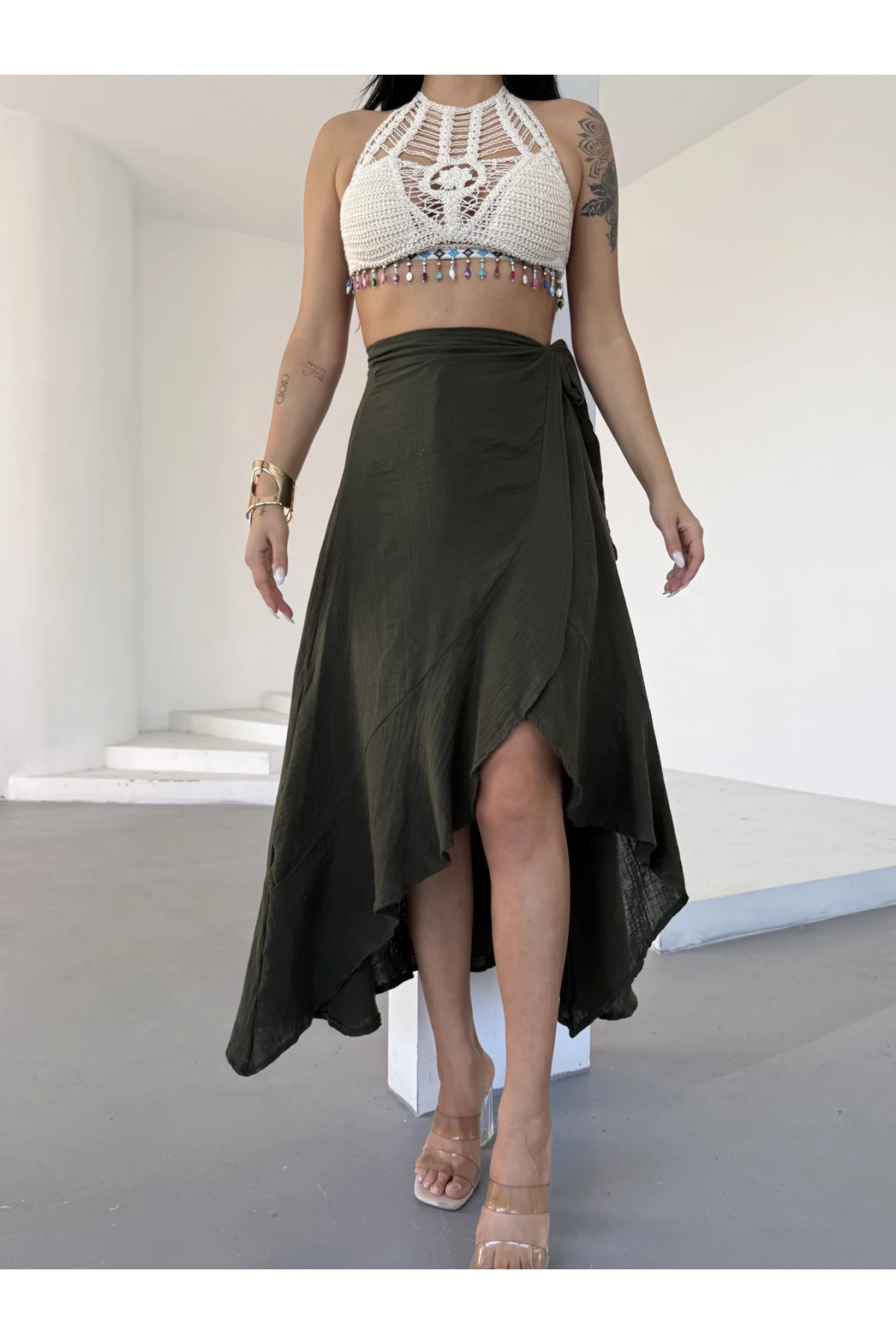 Müslin Kumaş Asimetrik Etek Haki