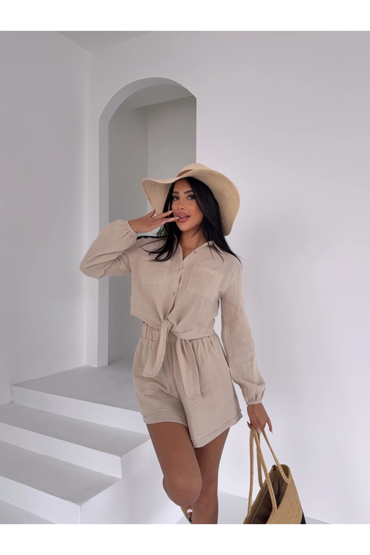 Müslin Kumaş Bluz ve Şort Takım Bej