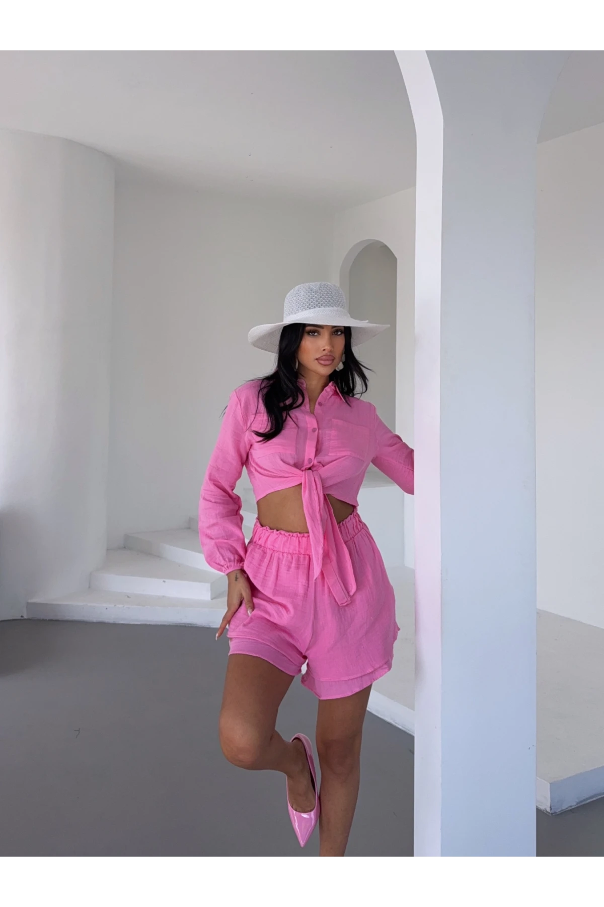 Müslin Kumaş Bluz ve Şort Takım Pembe