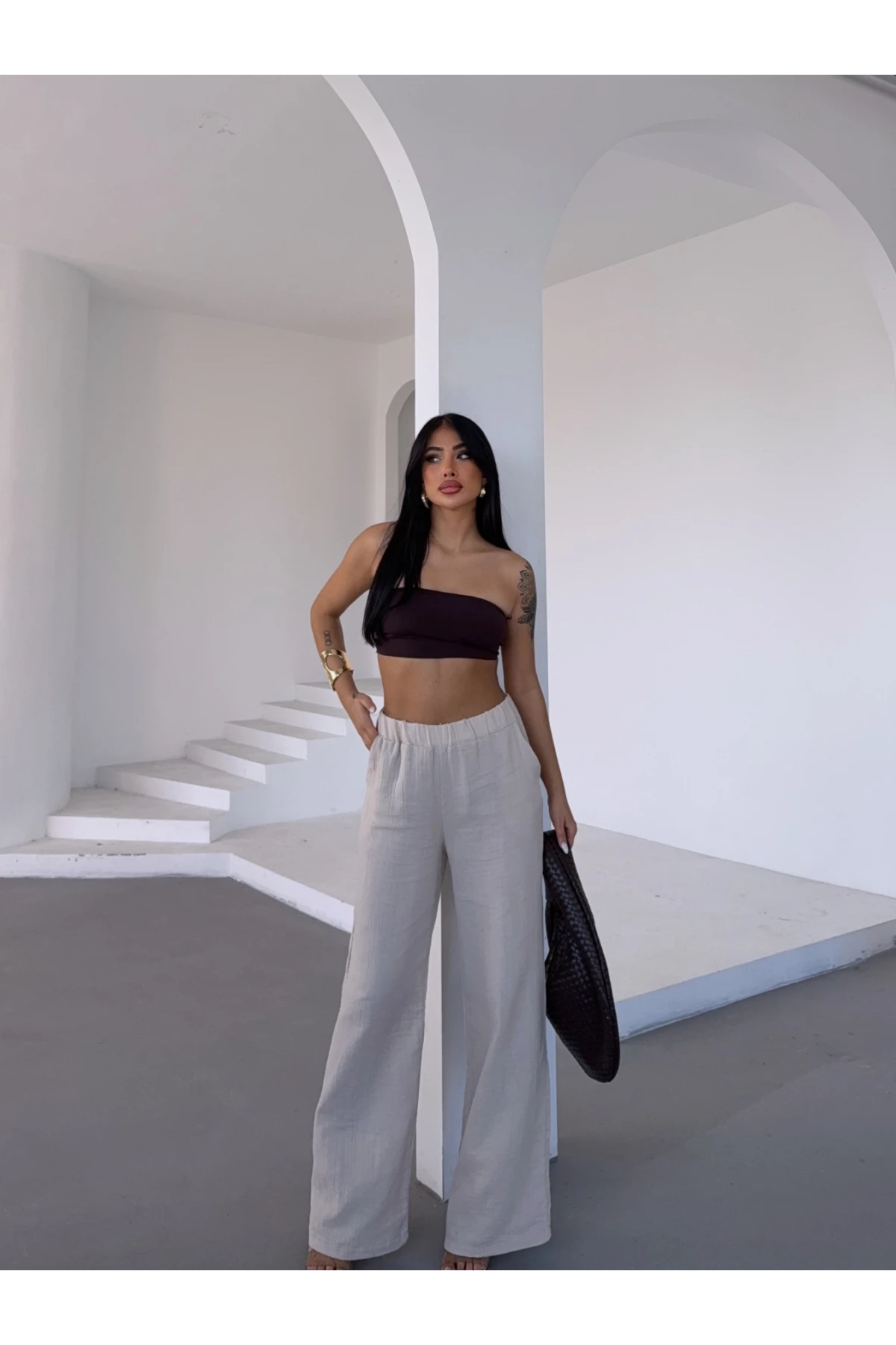 Müslin Kumaş Bol Paça Pantalon Ekru