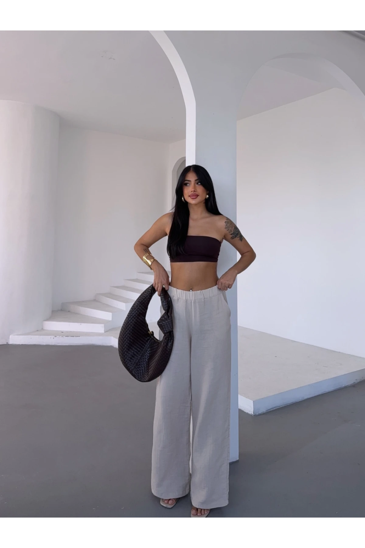 Müslin Kumaş Bol Paça Pantalon Ekru