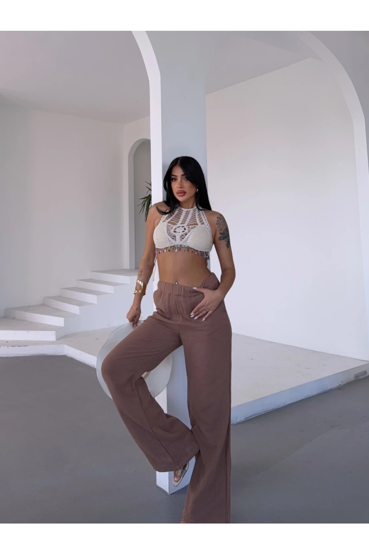 Müslin Kumaş Bol Paça Pantalon Kahverengi