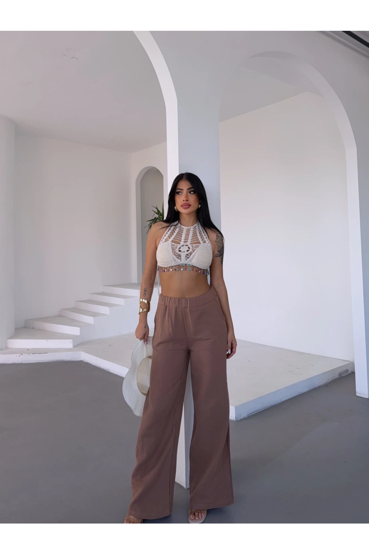 Müslin Kumaş Bol Paça Pantalon Kahverengi