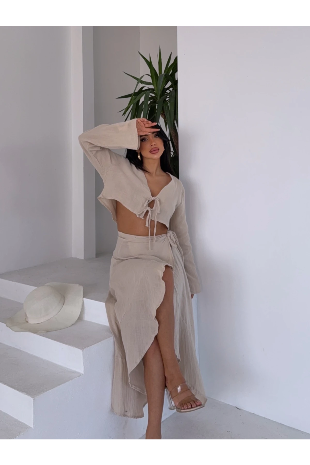 Müslin Kumaş Etek Bluz Takım Bej