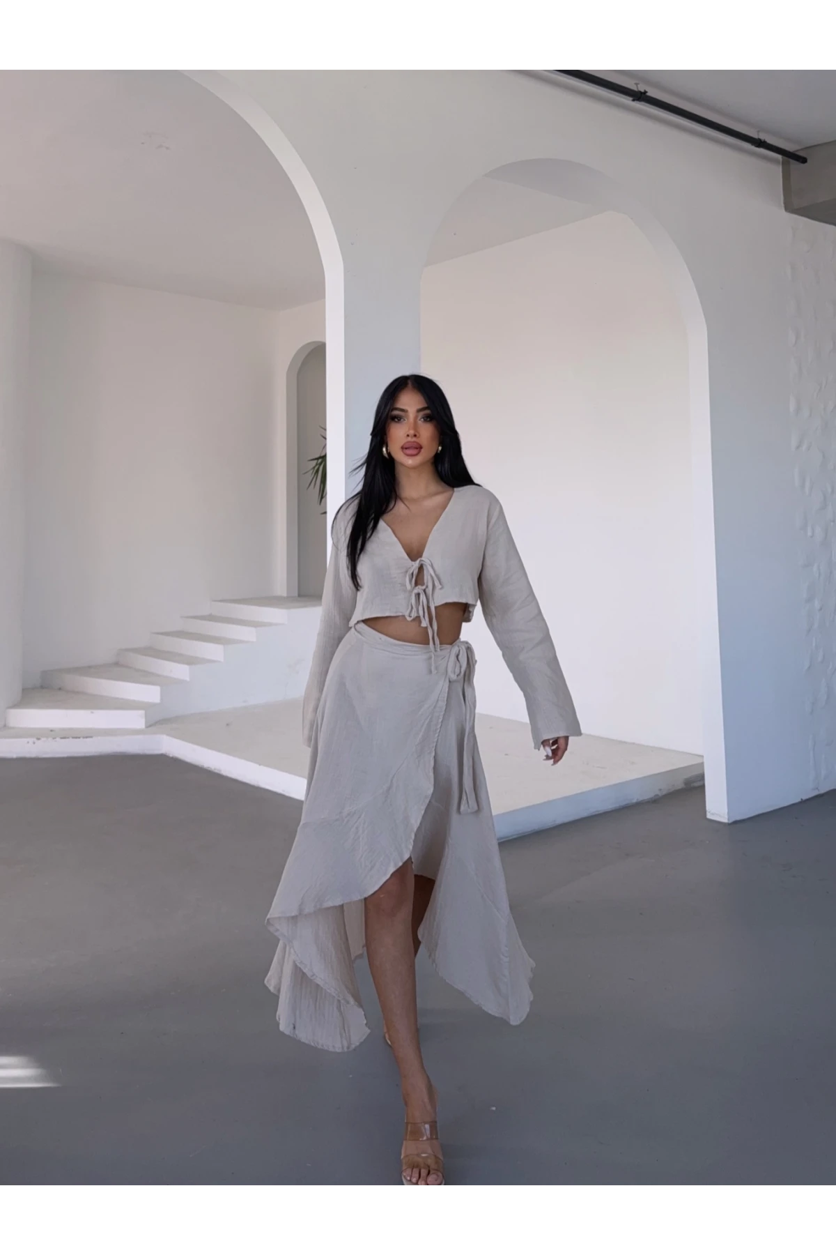 Müslin Kumaş Etek Bluz Takım Bej