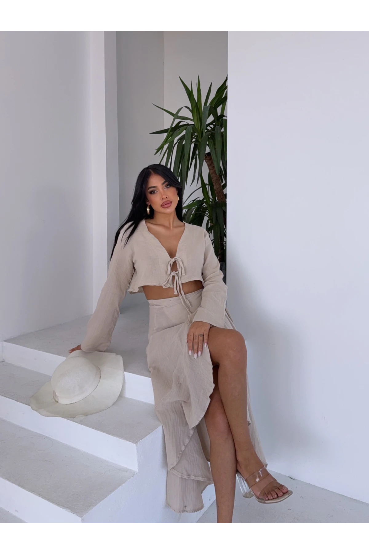 Müslin Kumaş Etek Bluz Takım Bej