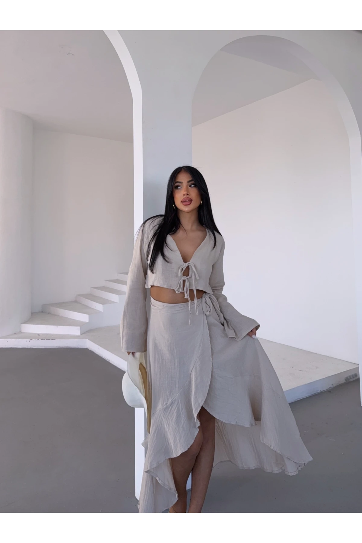 Müslin Kumaş Etek Bluz Takım Bej