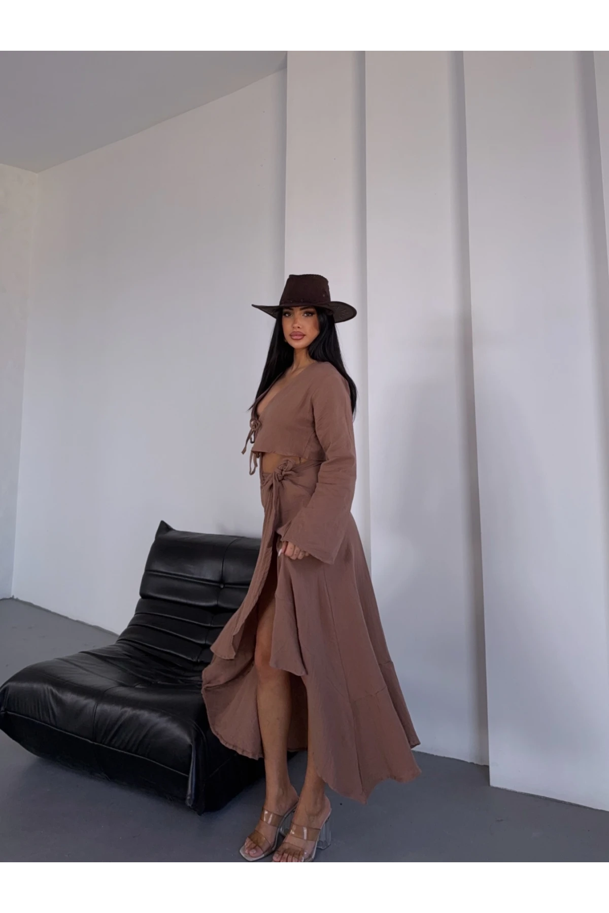 Müslin Kumaş Etek Bluz Takım Kahverengi