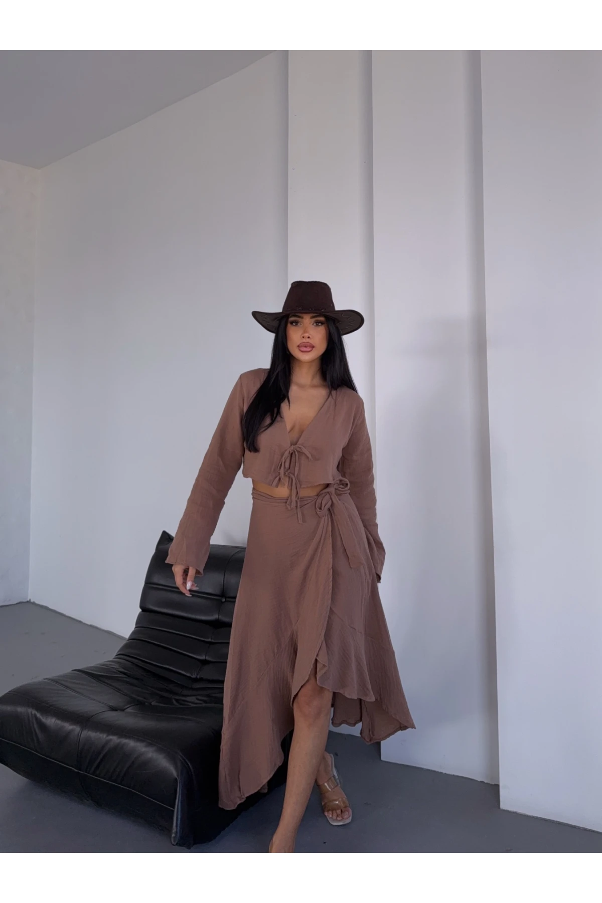 Müslin Kumaş Etek Bluz Takım Kahverengi