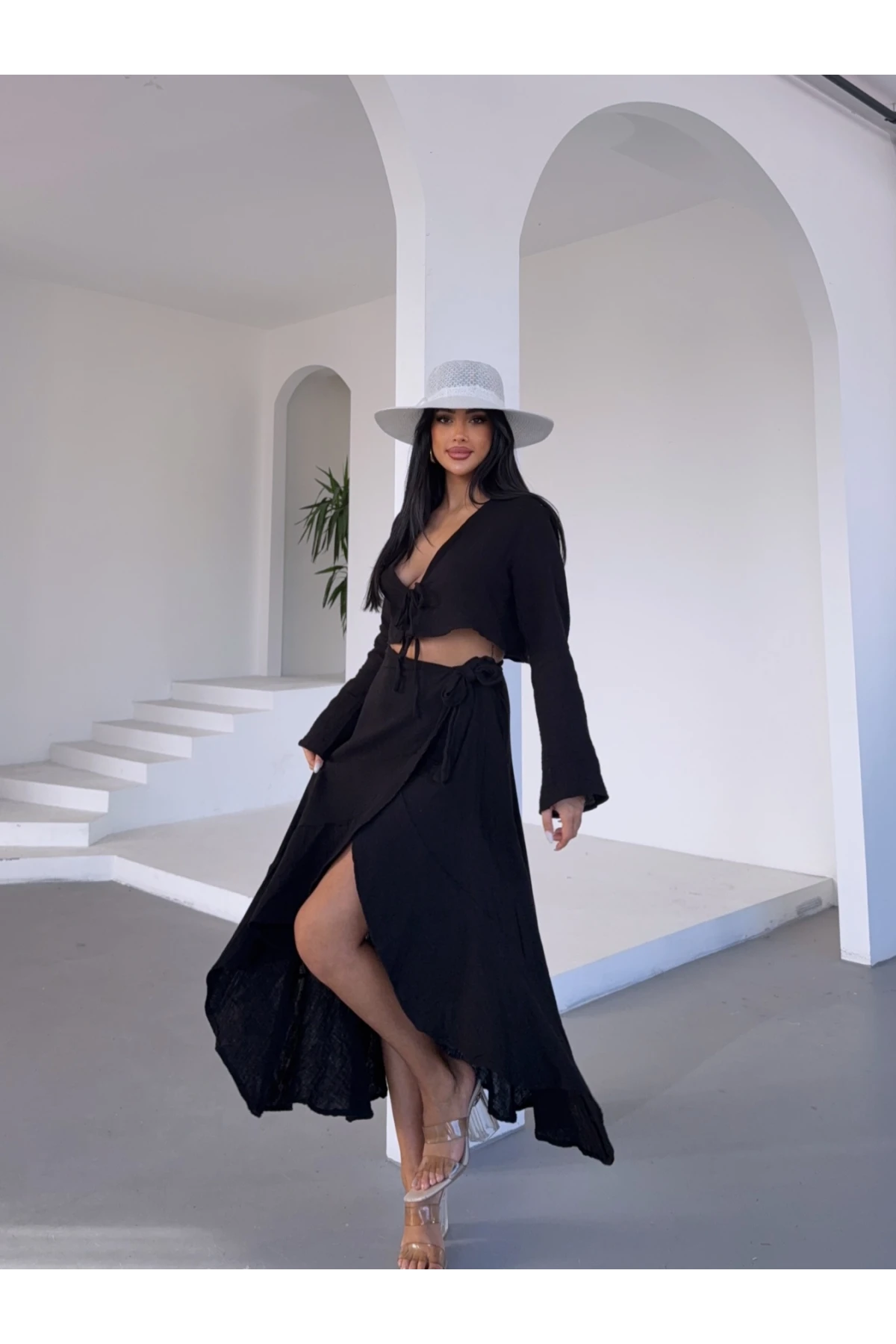 Müslin Kumaş Etek Bluz Takım Siyah