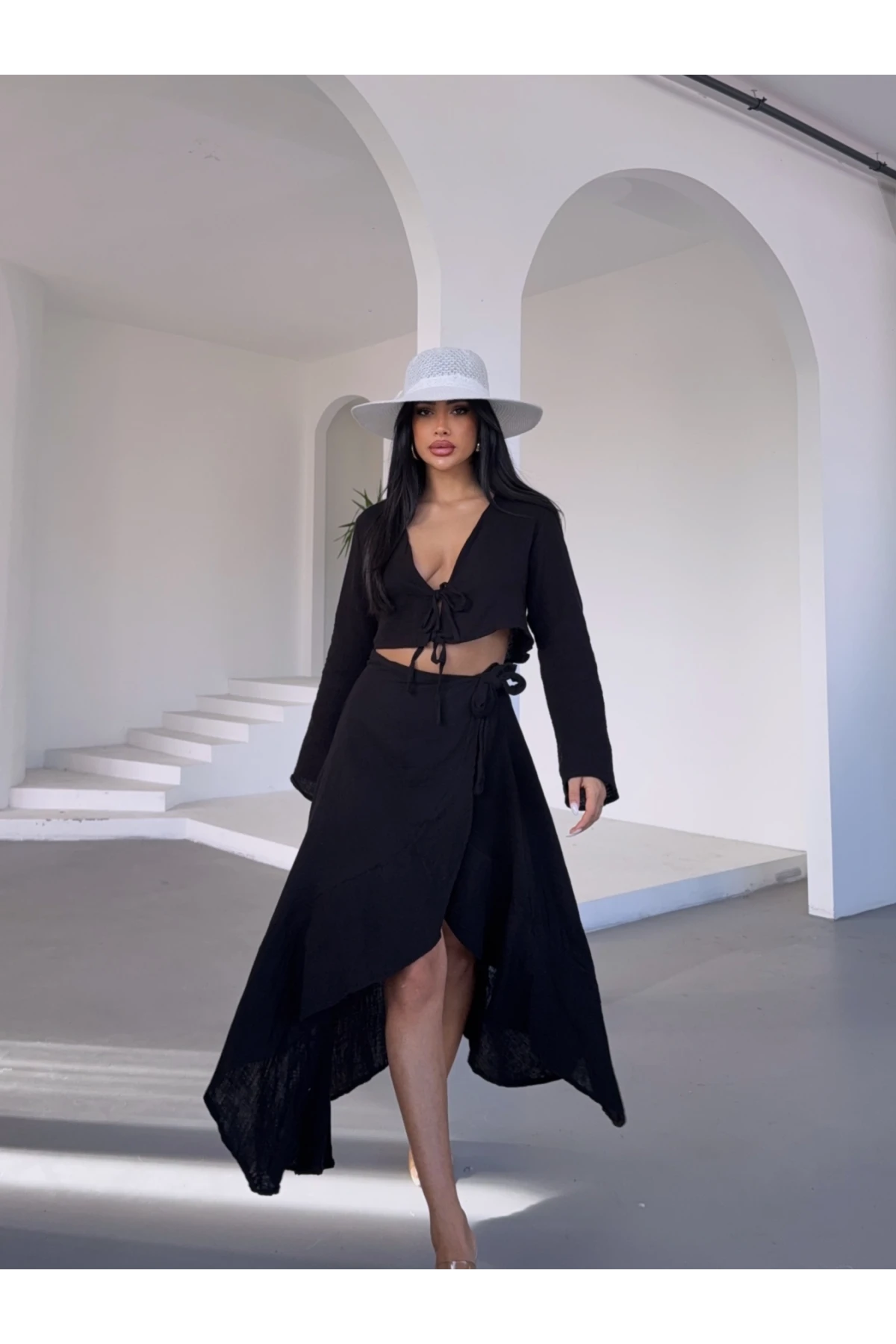 Müslin Kumaş Etek Bluz Takım Siyah