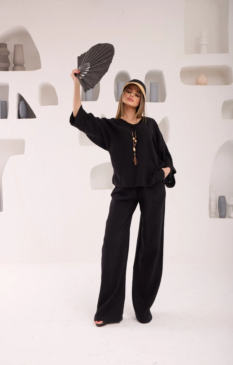 Müslin Kumaş V Yaka Dantel Detay Takım Siyah