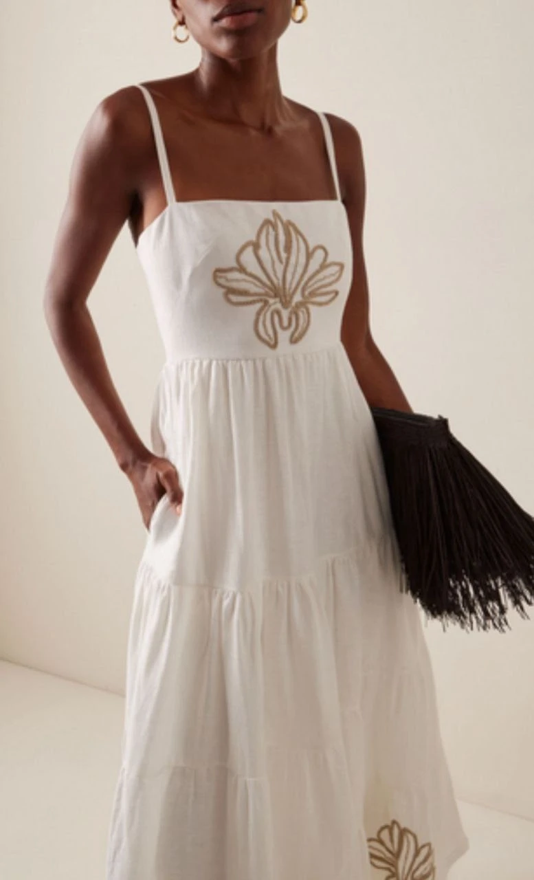 Nakış Detay Keten Elbise Beyaz