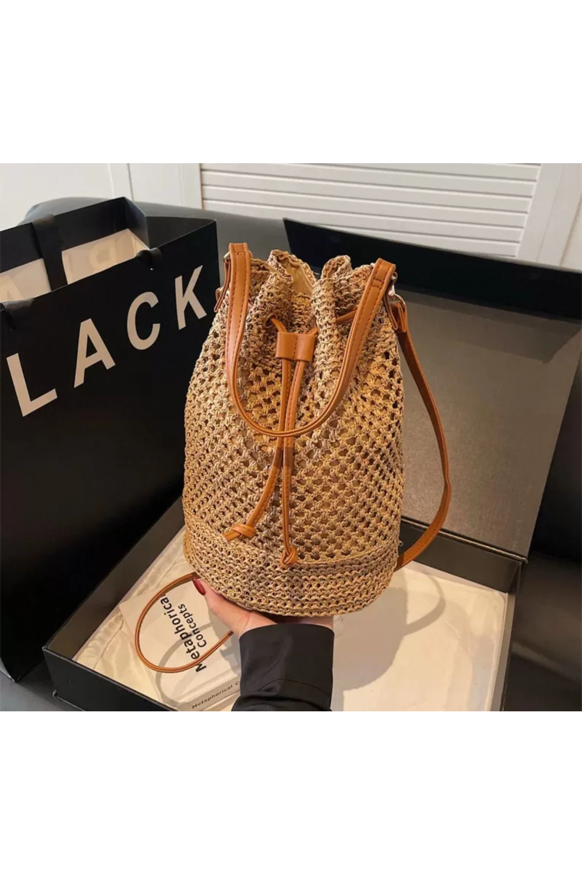 NWC-1002 El Örgüsü Camel Hasır Çanta