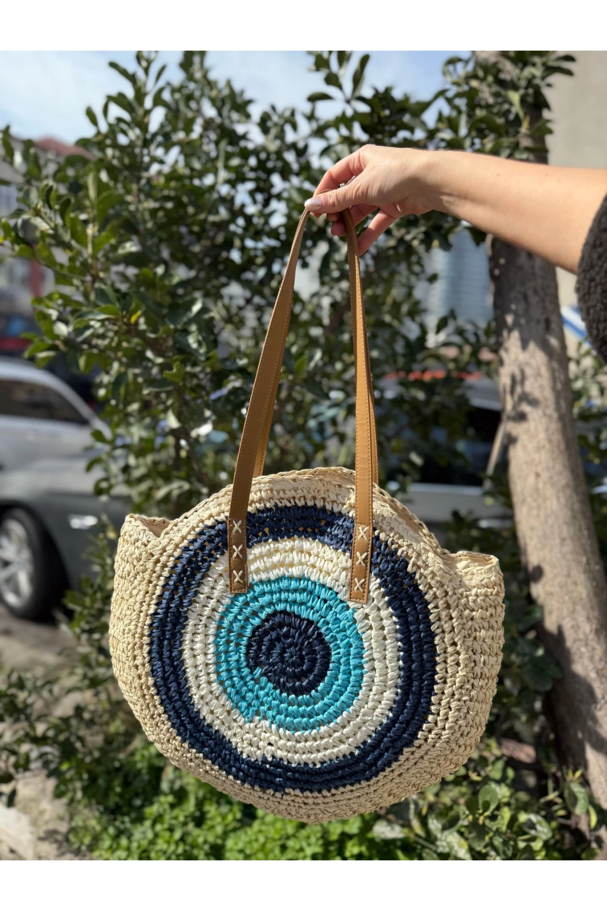 NWC-1027 El Örgüsü Nazar Boncuğu Nakışlı Lacivert Hasır Çanta