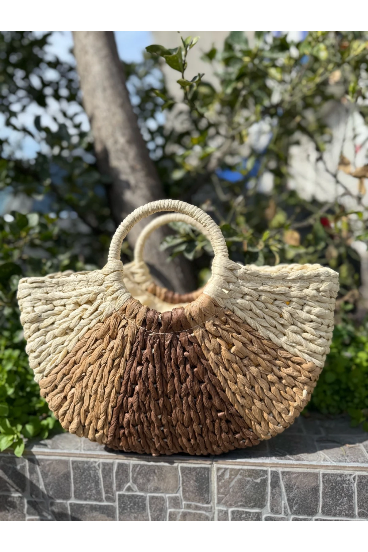 NWC-1032 El Örgülü Bej Hasır Çanta