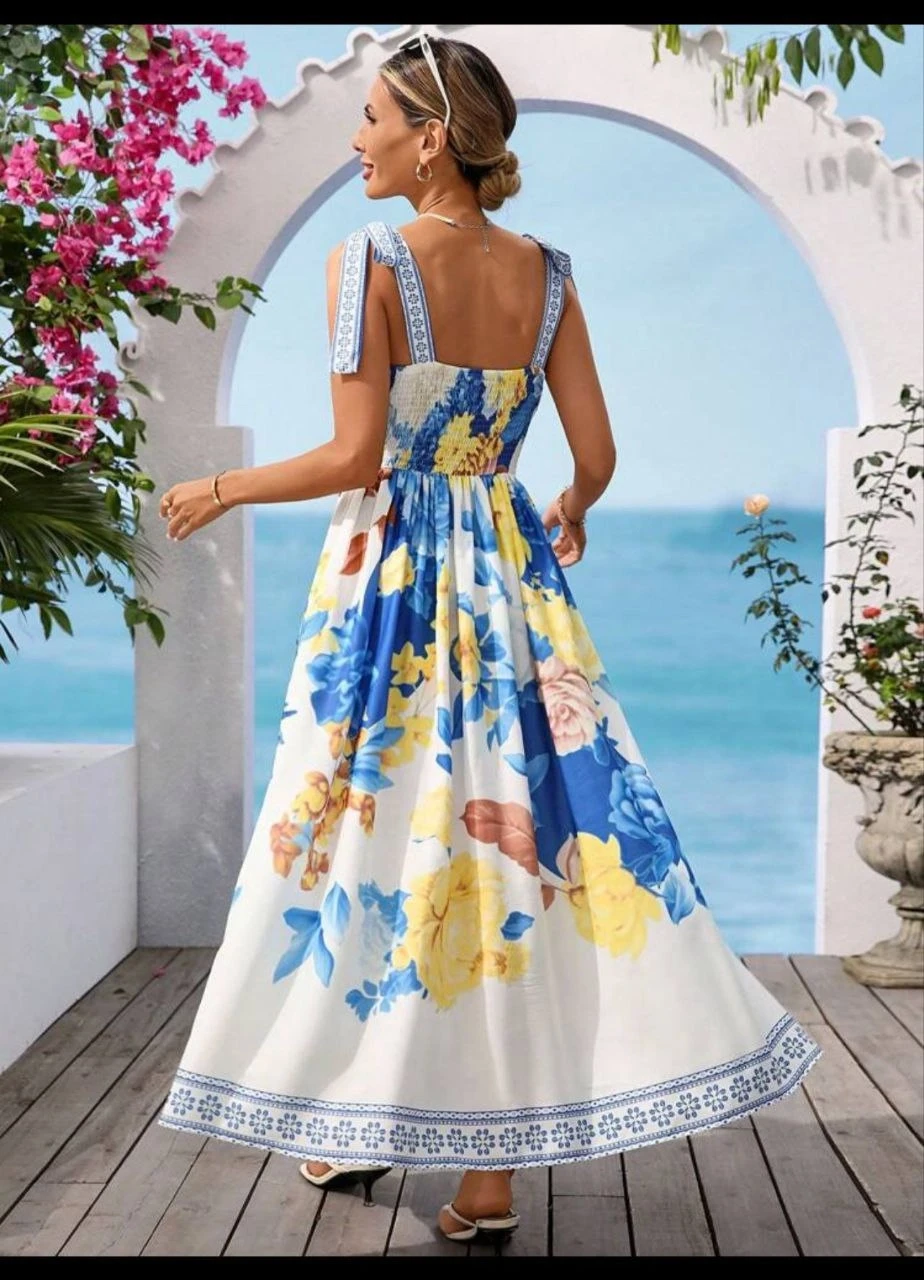 Omuz Bağlama Baskılı Elbise