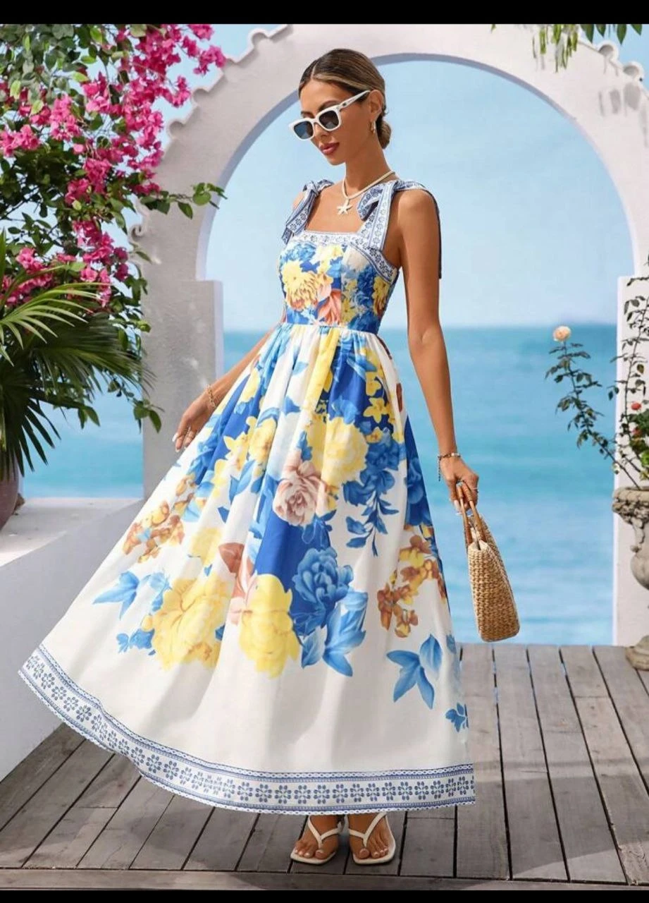 Omuz Bağlama Baskılı Elbise