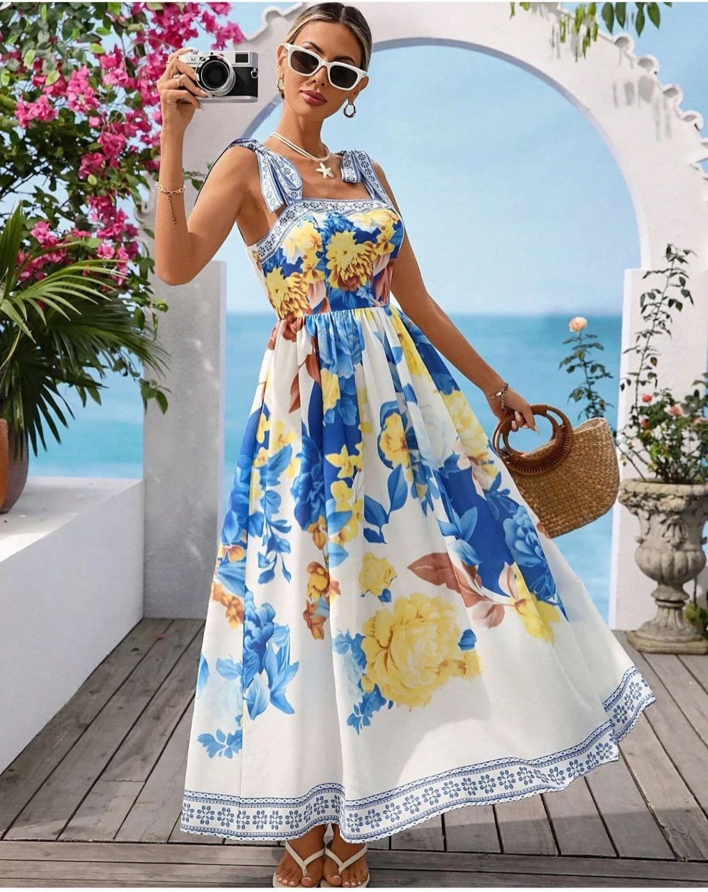 Omuz Bağlama Baskılı Elbise