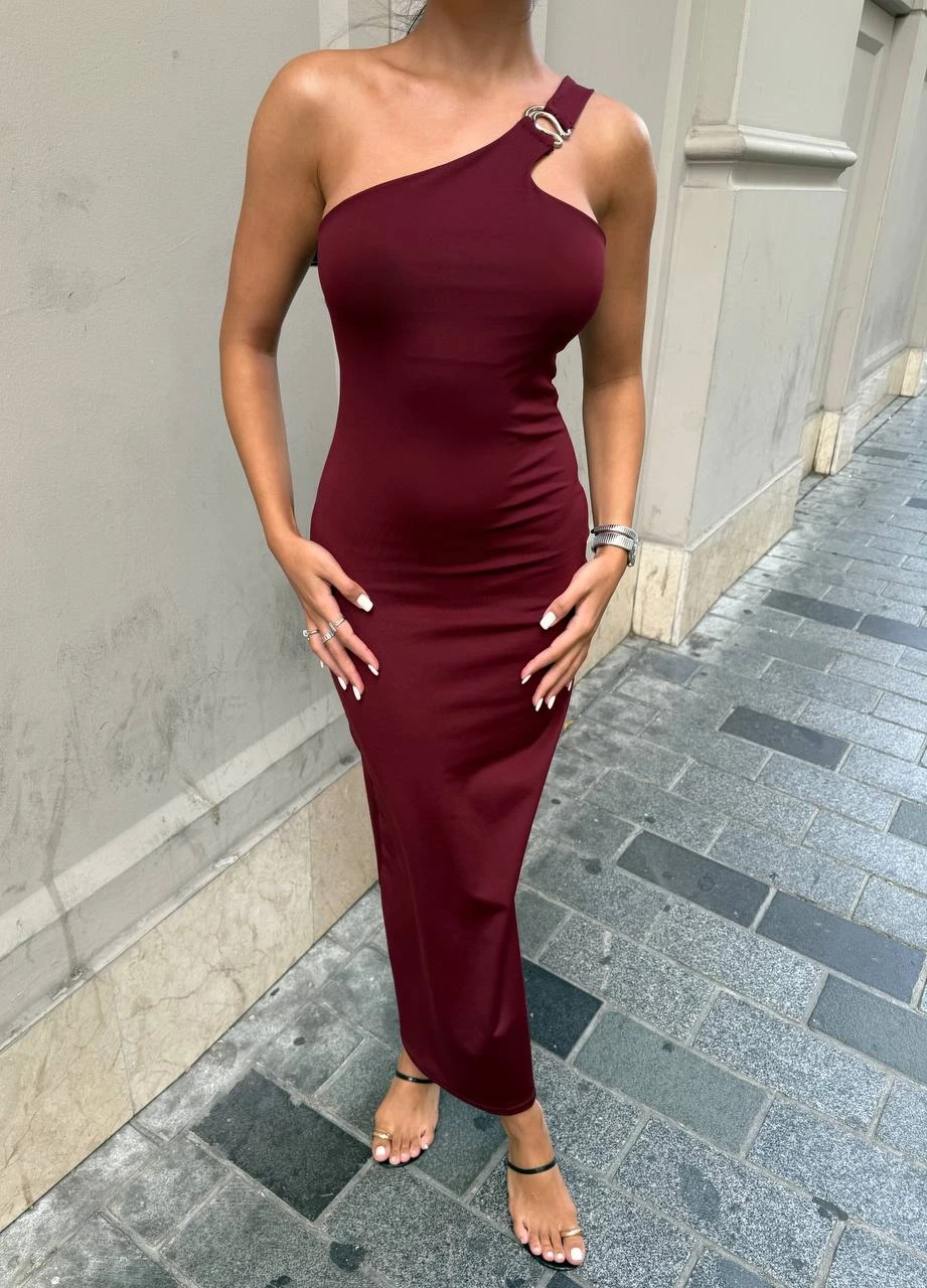 Omuz Detay Bordo Maxi Elbise