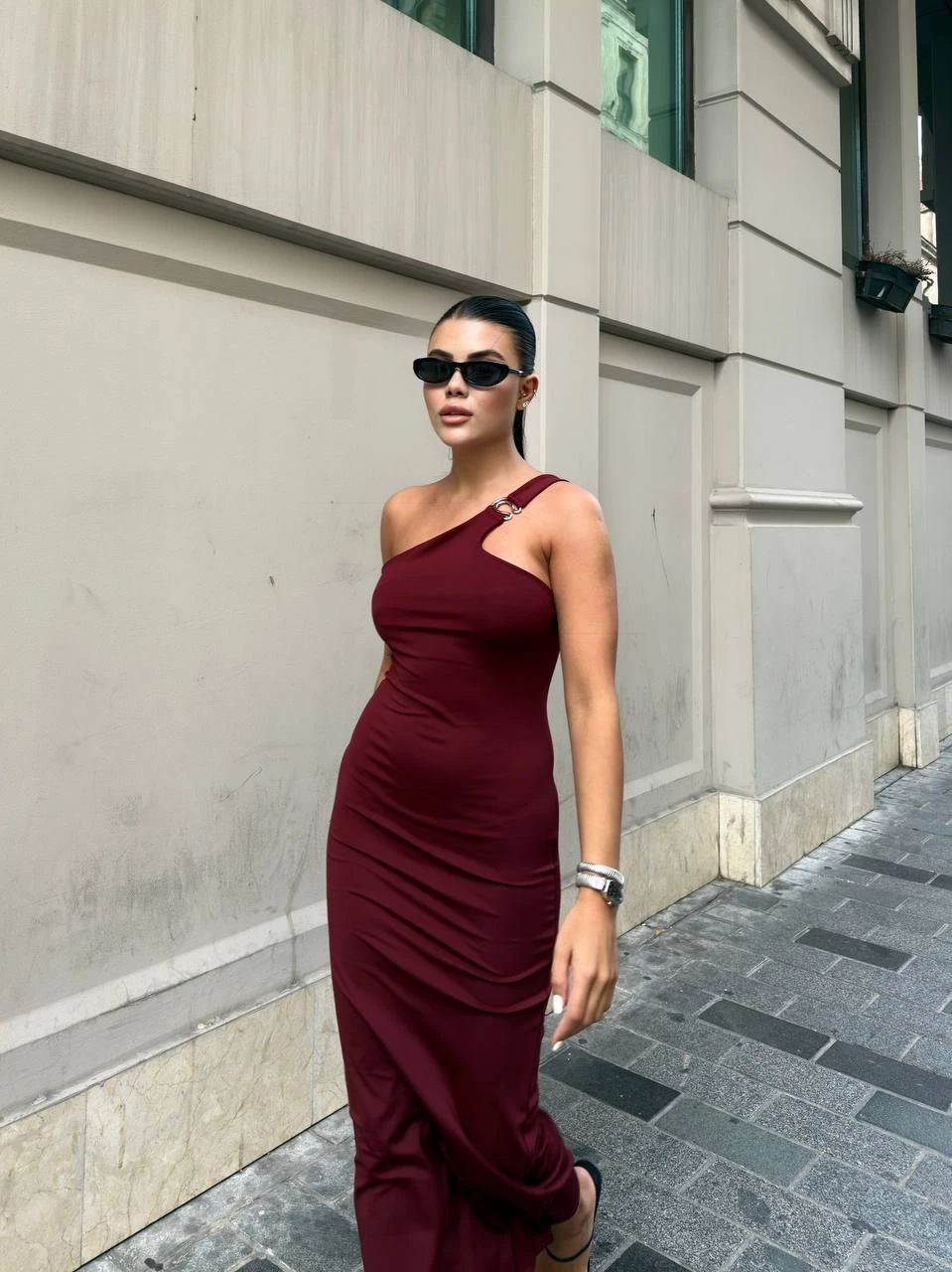 Omuz Detay Bordo Maxi Elbise