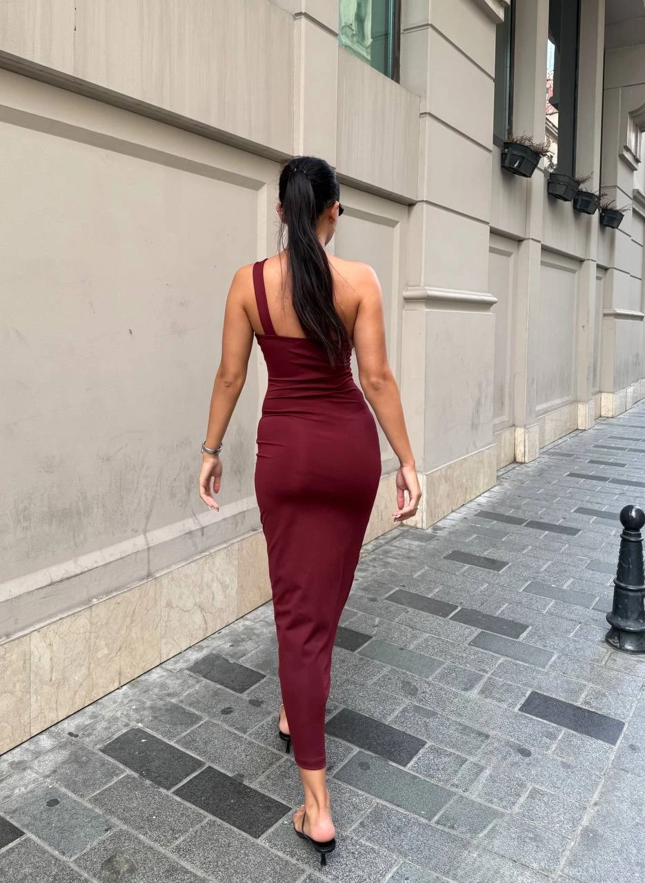 Omuz Detay Bordo Maxi Elbise