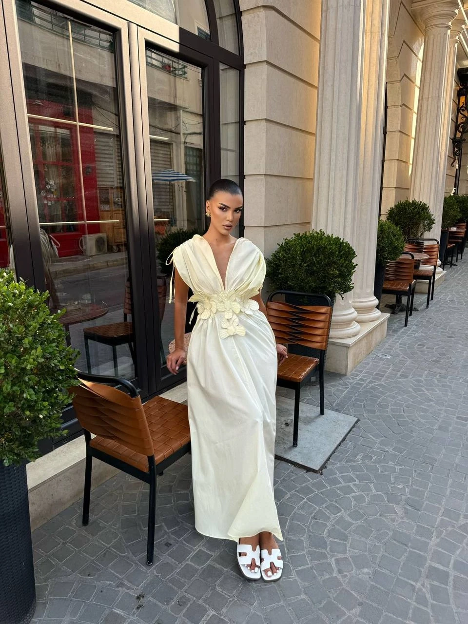 Önü Detaylı Tasarım Elbise Sarı