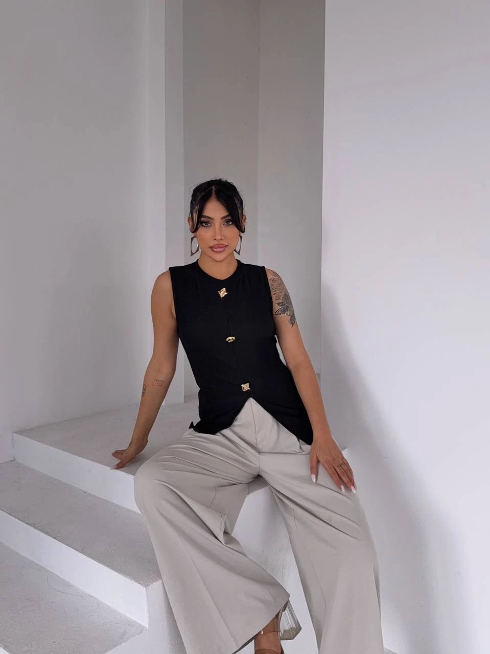 Ottoman Düğme Detay Bluz Siyah