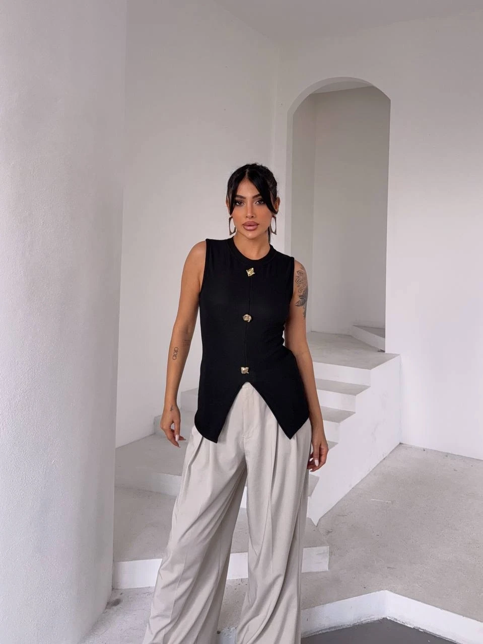 Ottoman Düğme Detay Bluz Siyah