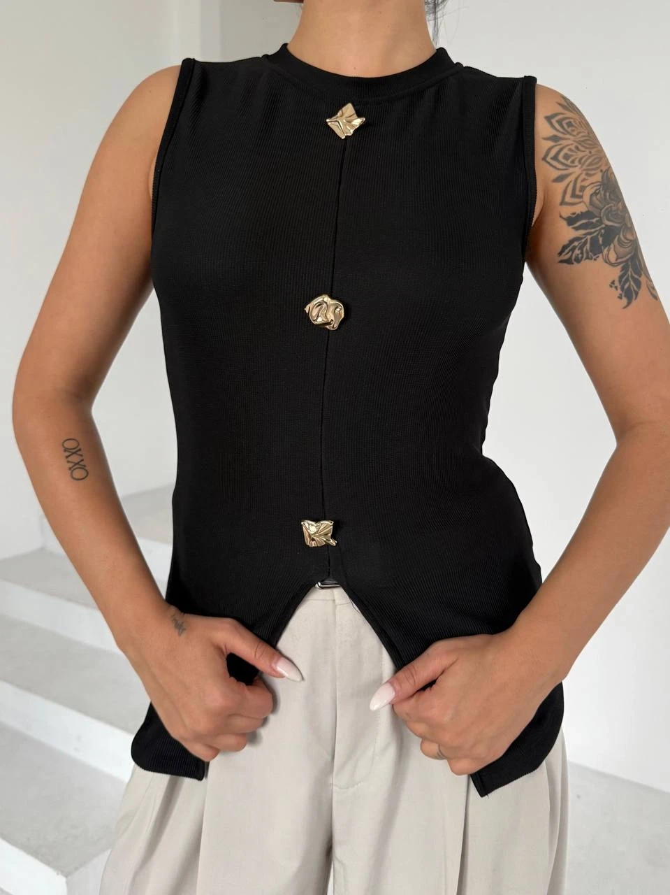 Ottoman Düğme Detay Bluz Siyah