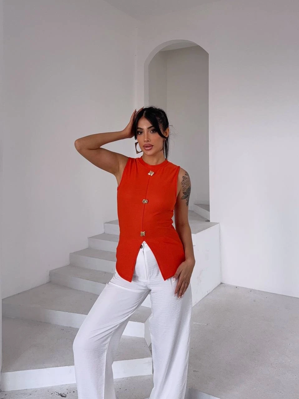 Ottoman Düğme Detay Bluz Turuncu