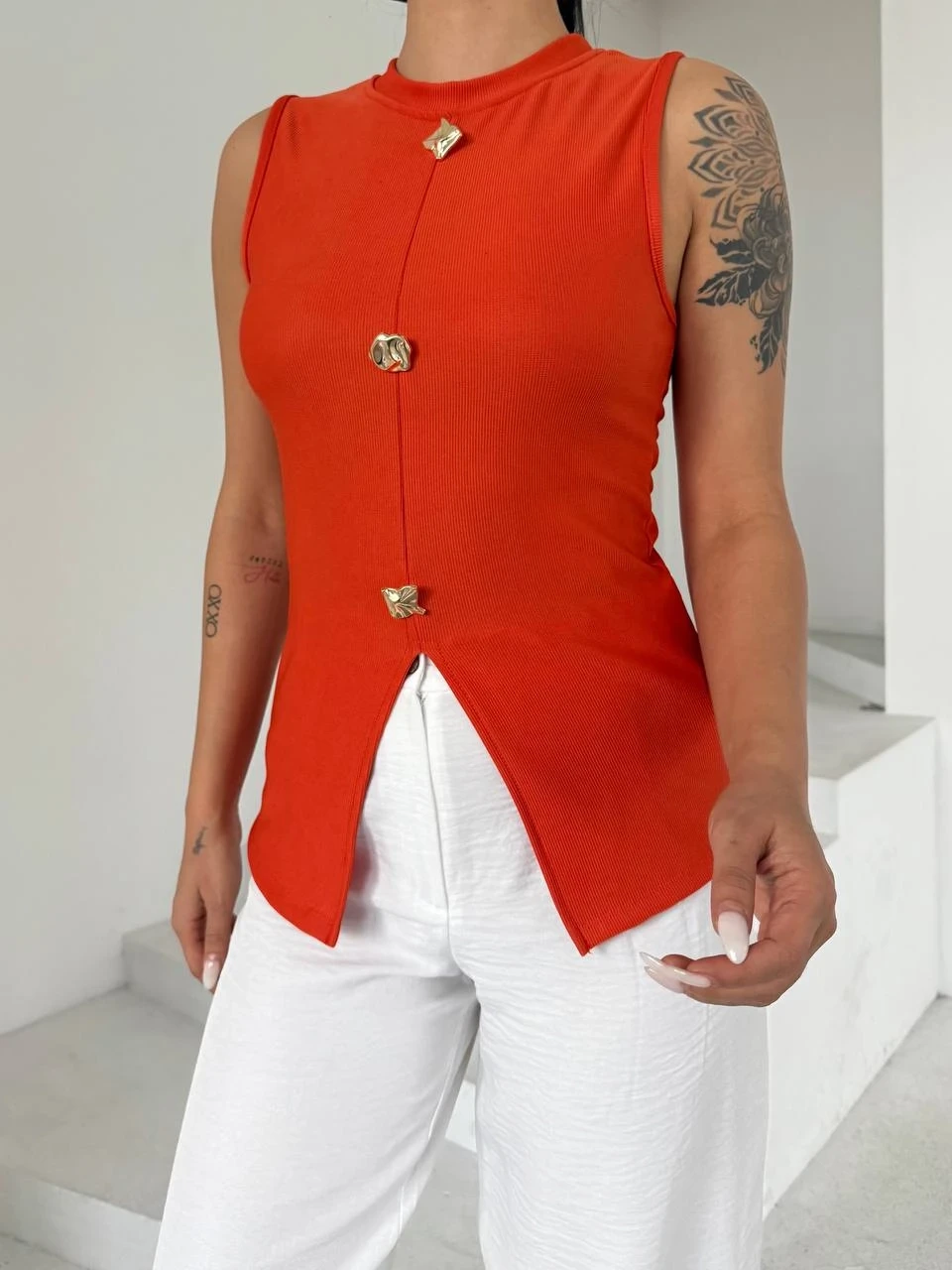 Ottoman Düğme Detay Bluz Turuncu